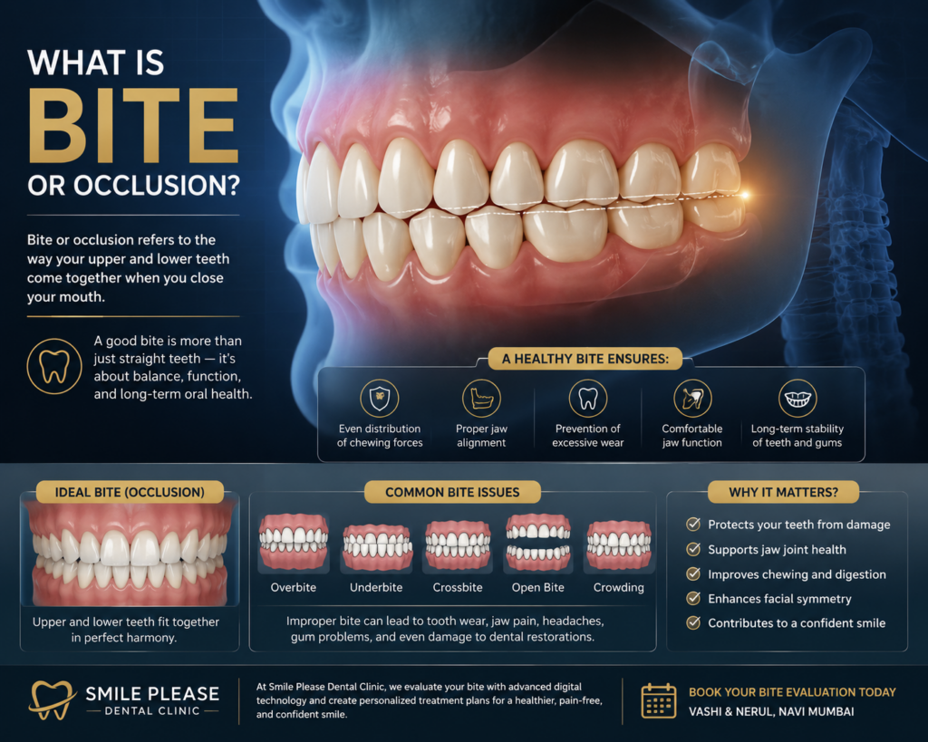 Educational infographic explaining bite alignment and occlusion with healthy and unhealthy bite comparison at Smile Please Dental Clinic Navi Mumbai