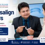 Dr. Sharad Kumar, M.D.S. (Orthodontics), Platinum Elite Invisalign Provider, answering common Invisalign questions during a consultation with a patient at Smile Please Super Speciality Dental Clinic, Vashi & Nerul, Navi Mumbai.