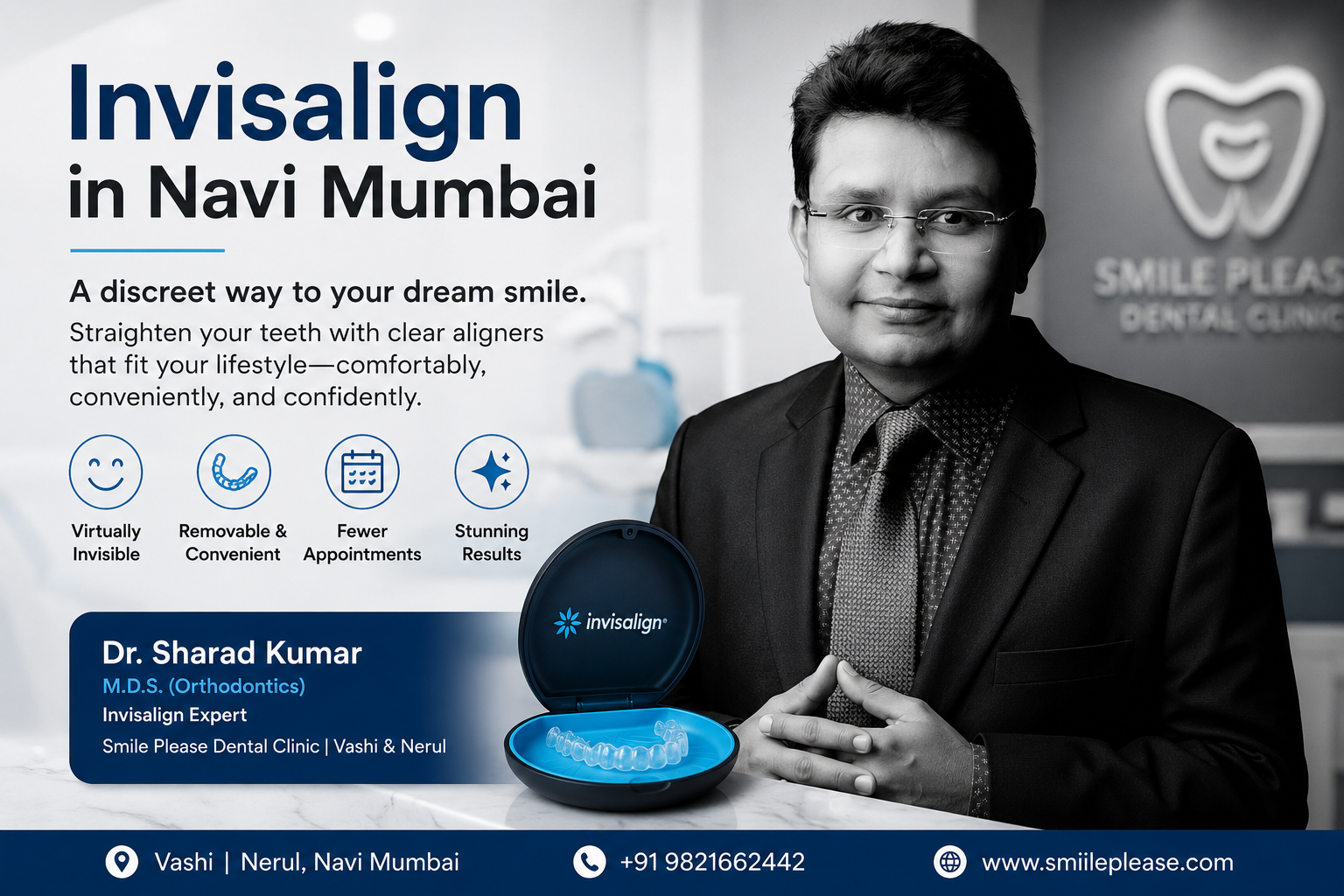 Invisalign in Navi Mumbai — discreet, digitally planned smile transformation with Dr. Sharad Kumar, M.D.S. (Orthodontics), at Smile Please Dental Clinic, Vashi and Nerul.