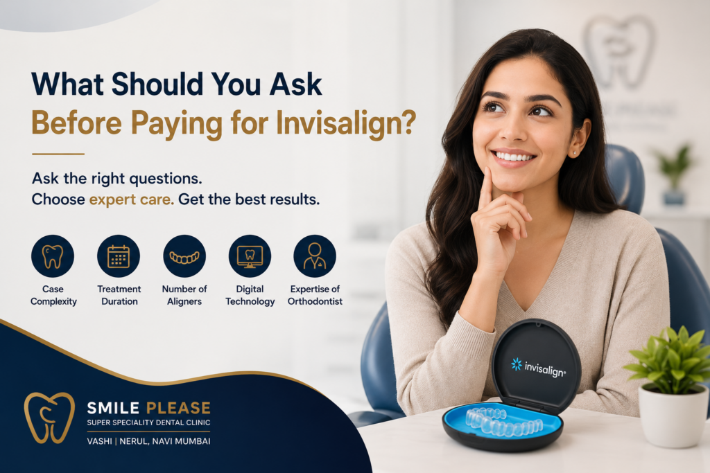 Questions to ask before starting Invisalign treatment in Navi Mumbai, including treatment complexity, duration, aligners, digital technology and orthodontist expertise.